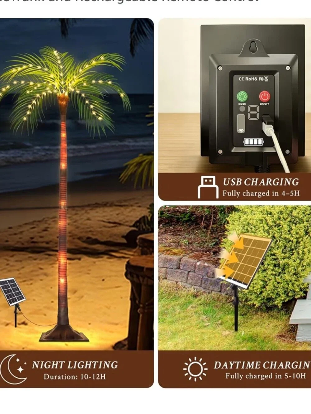 NWT Solar-Powered LED Palm Tree Light - Green Leaves, Brown Trunk 4.6ft